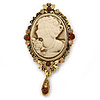 Vintage Inspired Amber/ Champagne Crystal Cameo with Charm Brooch In Antique Gold Tone - 70mm L