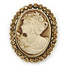 Vintage Inspired Champagne Crystal Cameo In Antique Gold Metal - 48mm L