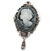 Vintage Inspired Grey Crystal Cameo with Charm Brooch In Antique Silver Tone - 70mm L