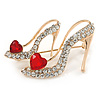 Gold Tone Clear/ Red Crystal High Heel Shoe Brooch - 40mm