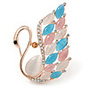 Gold Plated Multicoloured Cat Eye Stone, Clear Crystal Swan Brooch - 45mm L