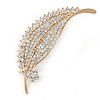 Clear Crystal Pave Set Leaf Brooch In Gold Tone - 75mm L