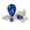 Clear Crystal, Blue Glass Stone Double Butterfly Brooch In Gold Plating - 50mm Across