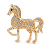 Small Clear Crystal Horse Brooch In Gold Tone Metal - 38mm