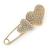 Gold Plated, Clear Crystal Double Heart Safety Pin Brooch - 70mm L