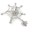 Rhodium Plated Clear Crystal Pearl Spider, Web and Fly Brooch - 60mm L