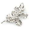 Large Rhodium Plated Crystal Simulated Pearl Floral Brooch - 85mm L