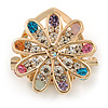 Gold Plated Multicoloured Crystal Open Flower Scarf Clip/ Brooch - 33mm D