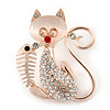 Crystal Cat with Fish Skeleton Brooch In Gold Plating - 45mm L