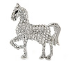 Small Clear Crystal Horse Brooch In Silver Tone Metal - 40mm