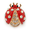 Red Enamel Clear/ AB Crystal Ladybug Brooch In Gold Plating - 25mm L