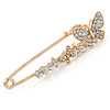 Medium Clear Crystal Double Butterfly Safety Pin In Gold Tone - 65mm L
