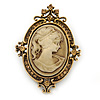 Vintage Inspired Champagne Crystal Cameo Brooch In Antique Gold Metal - 65mm