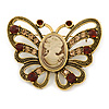 Vintage Inspired Tan Coloured Cameo Butterfly Brooch In Antique Gold Tone - 65mm W