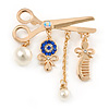 Gold Plated, Crystal, Pearl Hairdresser Charm Brooch - 45mm W