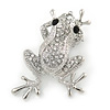 Silver Plated Clear/ Black Crystal Frog Brooch - 50mm L