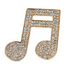 Gold Plated Pave Set Clear Crystal Musical Note Brooch - 35mm