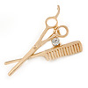 Gold Plated Hairdresser Scissors & Comb Brooch - 55mm L