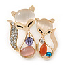 Gold Plated Crystal Two Fox Brooch - 30mm