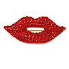 Sparkling Red Crystal Pave Set Lips Brooch In Gold Tone Metal - 40mm
