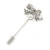 Silver Tone Clear Crystal White Pearl Bow Lapel, Hat, Suit, Tuxedo, Collar, Scarf, Coat Stick Brooch Pin - 55mm L