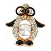 Gold Plated Clear Crystal, Black Enamel Penguin In The Glasses Brooch - 35mm L