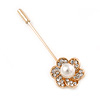 Gold Tone Clear Crystal White Pearl Flower Lapel, Hat, Suit, Tuxedo, Collar, Scarf, Coat Stick Brooch Pin - 55mm L