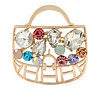 Gold Plated Multicoloured Crystal Bag Brooch - 35mm W