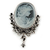 Vintage Inspired Diamante Charm Grey Cameo Brooch/Pendant In Antique Silver Metal - 80mm L