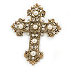 Victorian Style Clear Crystal, Glass Pearl Filigree Large Cross Brooch In Antique Gold Tone - 85mm L