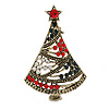 Vintage Inspired Red/ Green/ Clear Crystal Christmas Tree Brooch In Antique Gold Tone Metal - 47mm L