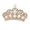Gold Plated Clear Crystal, White Glass Pearl Crown Brooch - 55mm