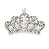 Silver Plated Clear Crystal, White Glass Pearl Crown Brooch - 55mm