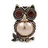 Vintage Inspired Topaz Crystal with Beige Pearl Owl Brooch In Bronze Tone - 35mm L