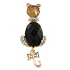 Gold Plated Jewelled Cat With Dangling Tail Brooch - 50mm L