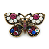 Vintage Inspired Multicoloured Crystal Butterfly Brooch In Antique Gold Metal - 45mm