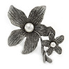 Vintage Inspired Double Flower with Pearls Pewter Tone Brooch/ Pendant - 75mm