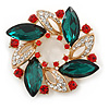 Red/Green/White Crystal Christmas Holly Wreath Brooch In Gold Tone - 40mm