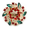 Red/Green/White Crystal Christmas Holly Wreath Scarf Pin Brooch In Gold Tone - 50mm