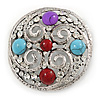 Large Vintage Inspired Round Acrylic Stone, Crystal Brooch In Silver Tone - 63mm D
