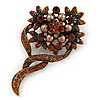 Vintage Inspired Amber Coloured, Simulated Brown Pearl Bead Floral Brooch In Bronze Tone Metal - 55mm