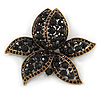 Large Black Diamante Floral Brooch/ Pendant In Bronze Tone Metal - 90mm