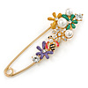 Multicoloured Enamel Flowers, Bee, Simulated Pearls Safety Pin Brooch In Gold Tone - 80mm L