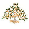 Clear Crystal, Green Enamel Tree Of Life Brooch In Gold Plating - 50mm