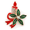 Holly and Christmas Red, Green Enamel Crystal Candle Brooch/ Pendant In Rose Gold Tone - 45mm L