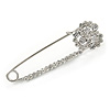 Clear Crystal 3 Petal Flower Safety Pin Brooch In Silver Tone - 65mm L