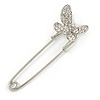 Clear Crystal Assymetrical Butterfly Safety Pin In Silver Tone - 70mm L