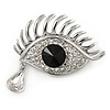 Teardrop And Eye Clear, Black Crystal Brooch In Rhodium Plating - 40mm