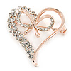 Clear Crystal Open Heart with Bow Brooch In Gold Plated Metal - 40mm