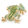 Salad Green Enamel Austrian Crystal Leaping Frog Brooch In Gold Plated Metal - 45mm L